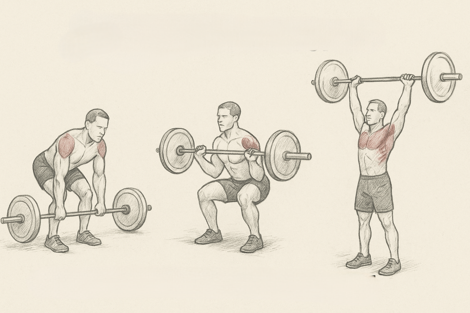 Movement pattern sketches: hinge, squat, press
